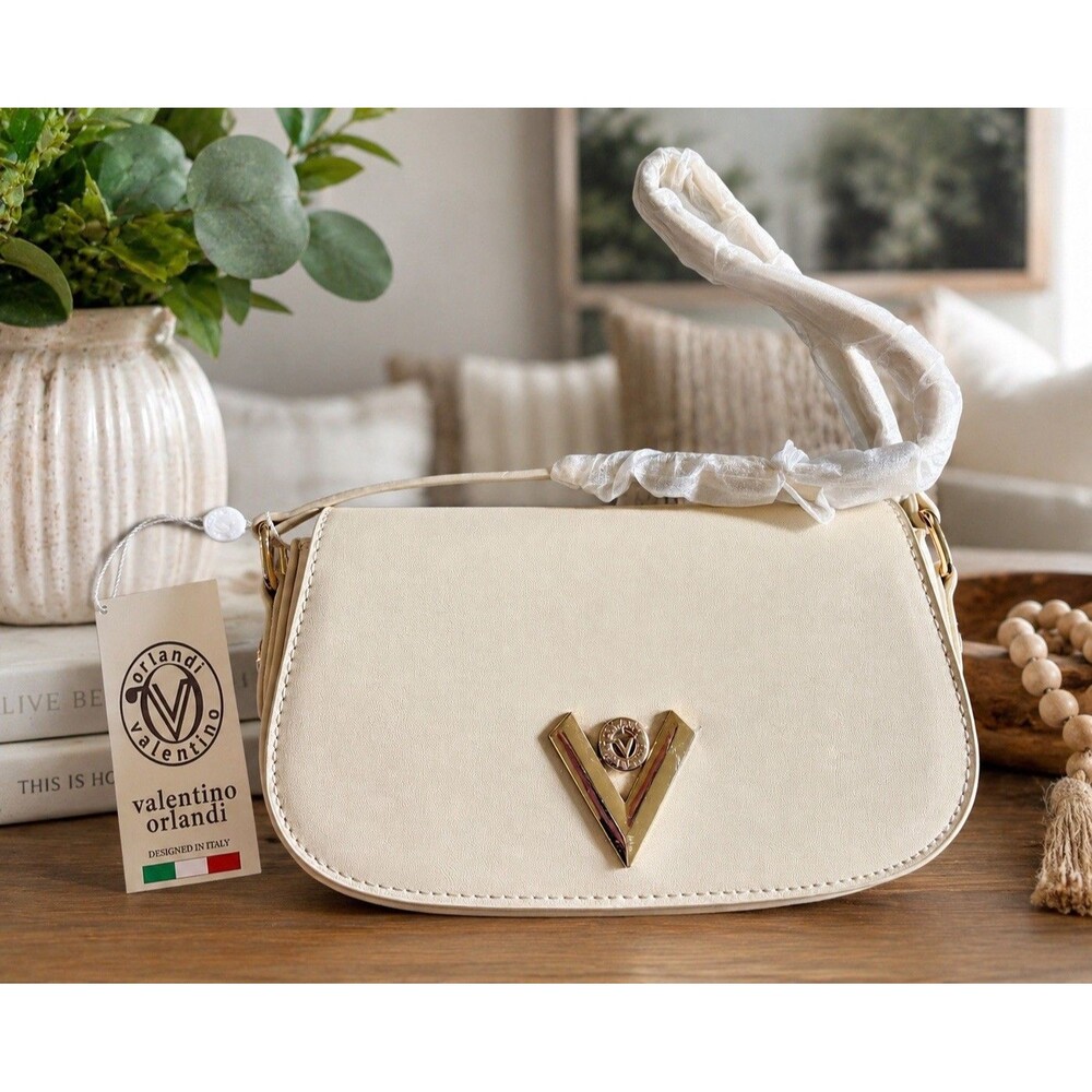 Valentino Orlandi Cream V Gold Hardware Vegan Leather Italian Shoulder Bag $149